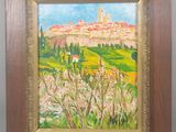 une peinture à l'huile d'un paysage avec une église au loin