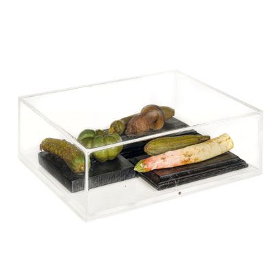 une vitrine transparente contenant des cornichons et des cornichons