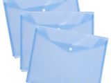 three blue plastic envelopes on a white background