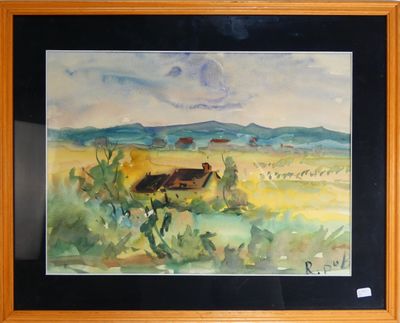 une photo d'un tableau représentant une ferme dans un champ