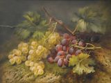 peinture représentant une grappe de raisin posée sur un rocher, entourée de feuilles
