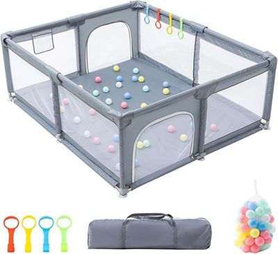 an image of a baby playpen with balls and a bag of toys
