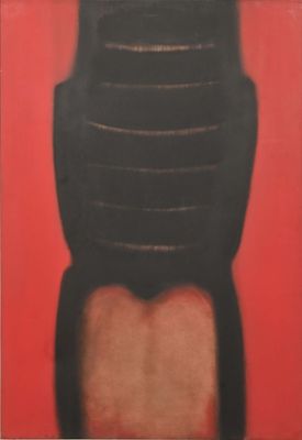 an image of a painting of a black chair on a red background