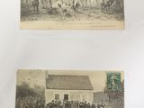 two old black and white photos of people and horses in the woods