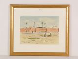 framed watercolor painting of a desert scene with palm trees in the background