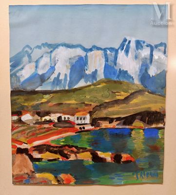 a painting on the wall of a room with a mountain in the background
