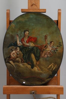 painting of a woman sitting on top of a wooden easel holding a book