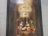 an oil painting of a nativity scene with angels and a manger