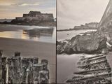 deux photos en noir et blanc d'une plage avec un château en arrière-plan