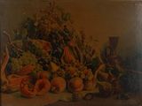 tableau représentant une nature morte composée de fruits et de légumes posés sur une table