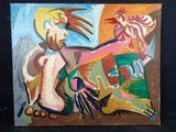 tableau représentant une femme assise à cheval, tenant un oiseau dans la main