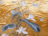 a picture of a painting of birds and flowers on a gold background