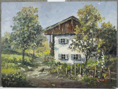 une peinture à l'huile représentant une maison blanche dans un champ bordé d'arbres