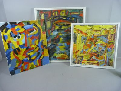 three paintings of different colors are displayed on a white surface