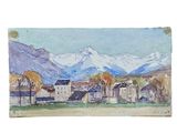 watercolor painting of a village with mountains in the background