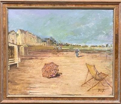 a painting of a beach scene with a chair and umbrella