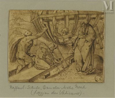 an old drawing of a man and a woman in a boat with a dog