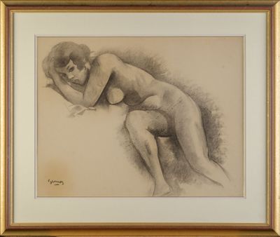 dessin représentant une femme nue assise sur le dos, dans un cadre doré