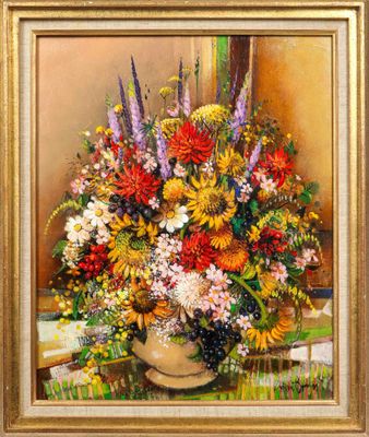 painting of a vase of flowers on a table with a window in the background