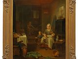 un vieux tableau représentant une femme assise à une table avec un enfant