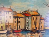une peinture représentant des bateaux sur l'eau, près d'un immeuble