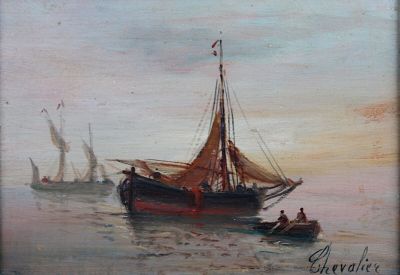 une peinture représentant un bateau dans l'eau avec des personnes à bord