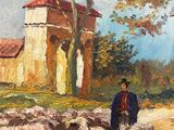 painting of a man herding a flock of sheep in front of a barn