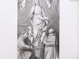 an old black and white drawing of a statue of a woman surrounded by people