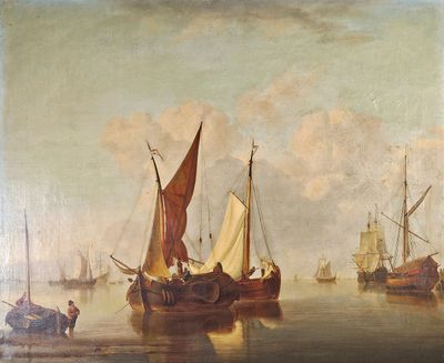 un tableau représentant un groupe de bateaux sur un plan d'eau
