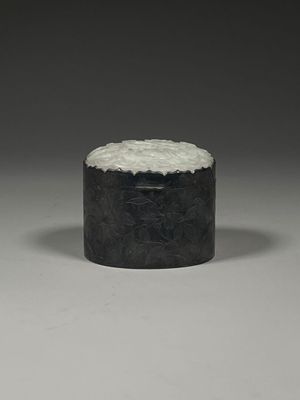 an image of a black and white container on a gray surface