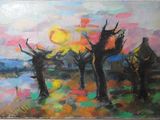 painting of a group of people standing in a field with a sunset in the background
