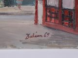 a painting of a red building on the corner of a street
