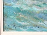 an oil painting of a boat in the ocean on a wooden surface