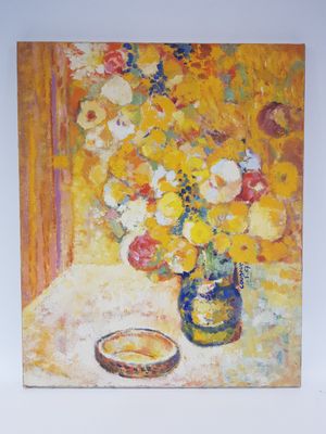 a painting of flowers in a vase on a table