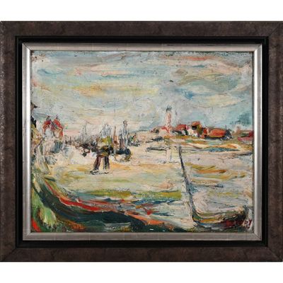 tableau représentant des bateaux sur une plage, avec une maison en arrière-plan