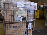 a cart with a bunch of boxes on it in a warehouse