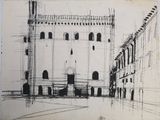 drawing of a large building with a clock tower in the middle of it