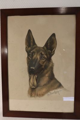 painting of a german shepherd dog in a wooden frame on a wall