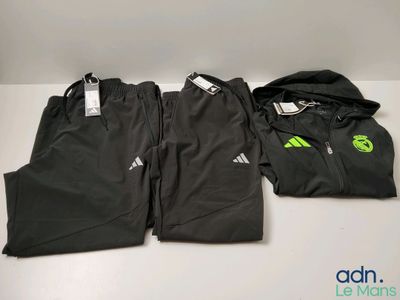 three pairs of adidas tracksuits, one black and one green