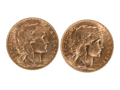 Deux pièces de vingt francs or au coq, 1907. Usures. - Photo 1