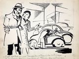 drawing of a man and woman standing in front of a car