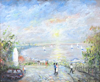 an oil painting of people walking on a beach with boats in the background
