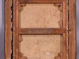 an old wooden frame with a painting on it sitting on a floor
