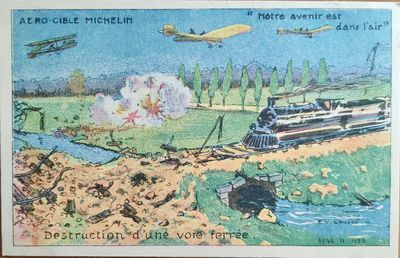 une image représentant une carte postale sur laquelle figurent un train et un avion