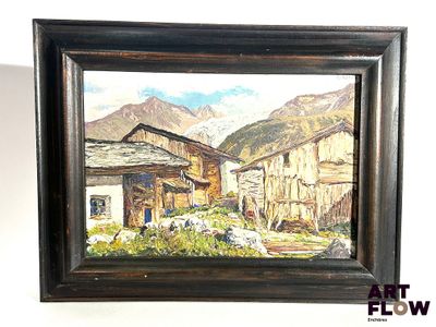 framed oil painting of a mountain village with a barn in the foreground