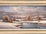 painting of a snowy landscape with a stream and trees