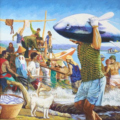 un tableau représentant un homme portant un poisson sur la tête