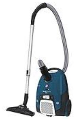 a blue vacuum cleaner with a black handle and a silver hose