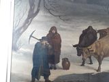 a picture of a painting of a man and a cow in the snow