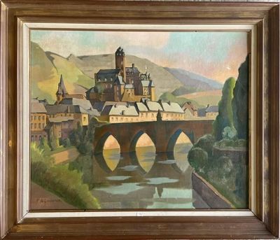 an oil painting of a bridge over a river with a castle in the background